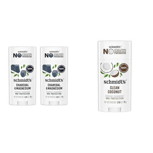 Schmidt's Aluminum-Free Vegan Deodorant Charcoal & Magnesium 2 Count and Clean Coconut 2.65 oz Each