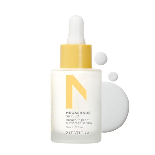 ZitSticka MEGASHADE Sunscreen Serum for Face w/SPF 50-30ml UVA/UVB Protection - Ideal Skin Care for Breakout Prone & Sensitive Skin - Lightweight & Dermatologist Tested