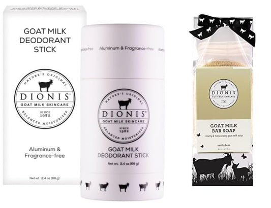 Dionis Goat Milk Skincare Deoderant Stick + Goat Milk Vanilla Bean Bar Soap Shower & Bath 3 Pc Travel Set