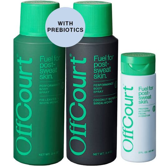 OffCourt Aluminum-Free Deodorant Body Spray - Multi-Scent Pack with Sandalwood and Fig Leaves and Facial Moisturizer for Men - Light, Non-Greasy, Oil-Free for Hydration and Firmness