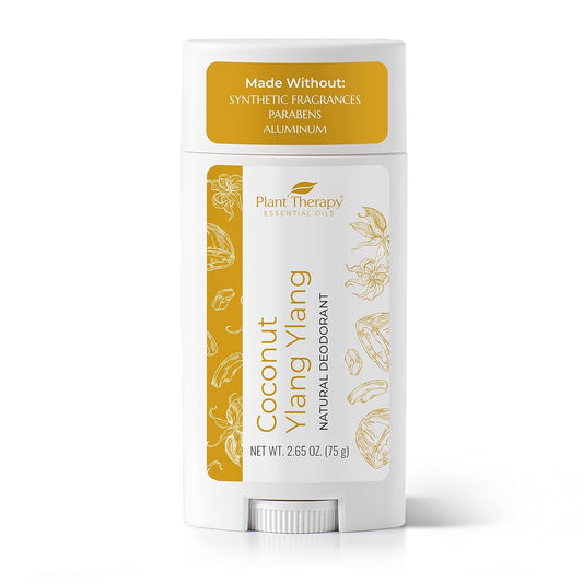 Plant Therapy Coconut Ylang Ylang Natural Deodorant for Men & Women 2.65 oz Aluminum Free, with Coconut Oil, Shea Butter, Earth Wax, & Baking Soda, Smooth Application, Effective Protection