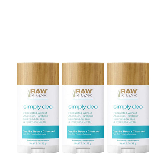 Raw Sugar Aluminum Free Deodorant Stick, Simply Deo Bundle (Pack of 3) Whole Body Deodorant for Women & Men, Clean Formulated without Baking Soda, Talc & Parabens, Vanilla Bean + Charcoal Scent