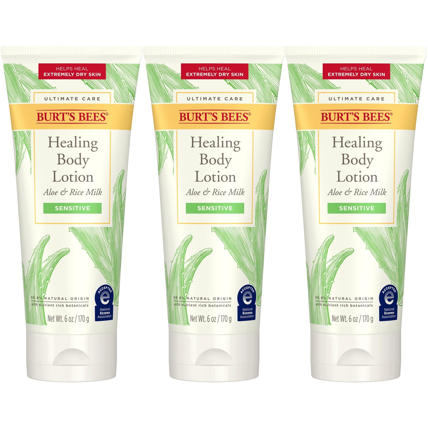 Burt's Bees Ultimate Care Healing Body Lotion with Aloe and Rice Milk for Sensitive Skin, 98.8% Natural Origin, 6 Ounces